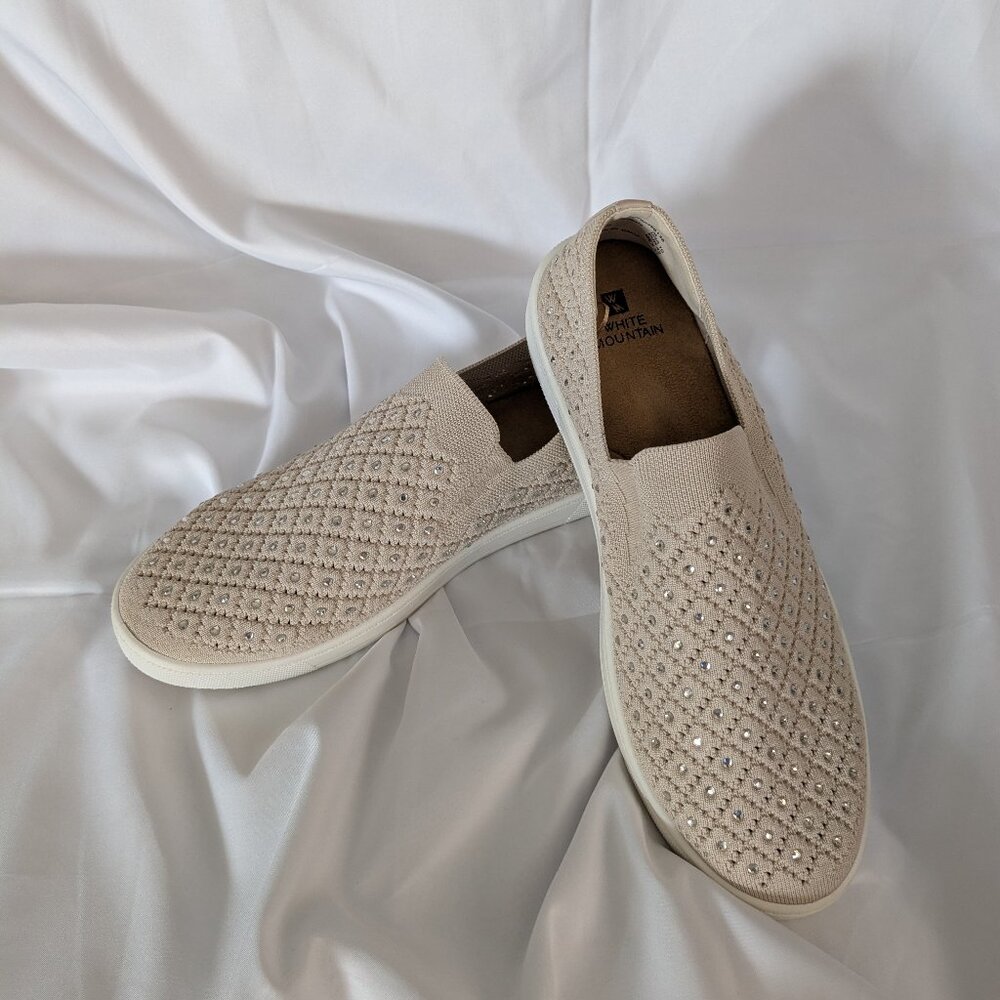 White Mountain Rhinestone Stretch Woven Slip Ons Cream